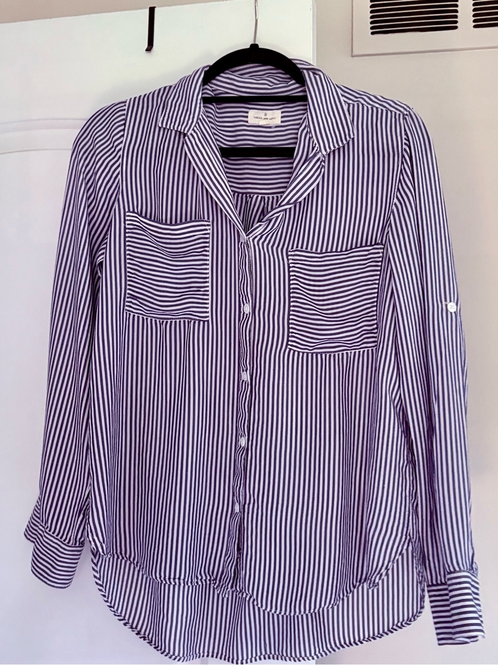 Thread & Supply Navy and White Striped Button-Down Blouse